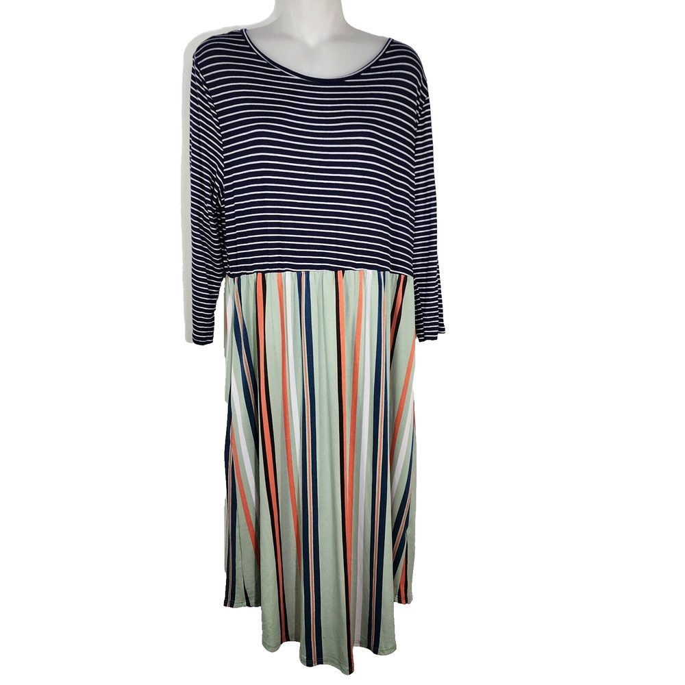 Egy Women Dress Size 2X Striped Fit & Flare Knit 3/4 Sleeves Pockets Knee Length